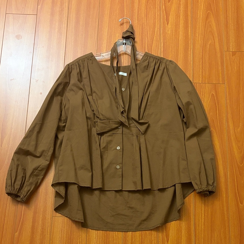 Brown Long Sleeve Blouse with Tie Detail Korean brand